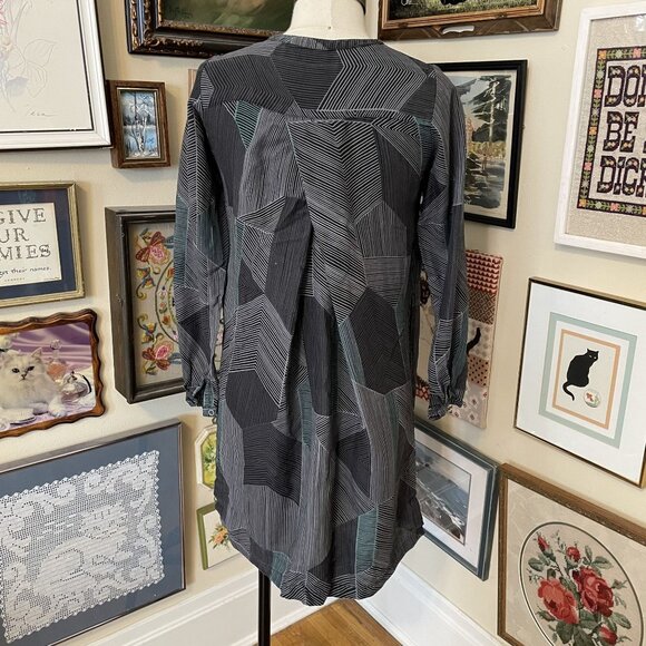 Gudrun Sjoden Black Green White Geometric Linen Print Button-Down Dress Size S - Picture 4 of 8